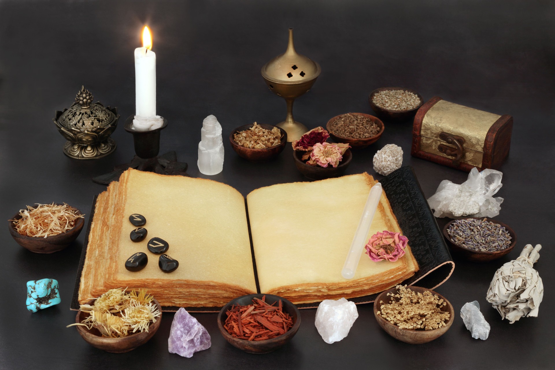 Witches Crystals Runes and Herbs with Book of Spells Witches Crystals Runes and Herbs with Book of Spells