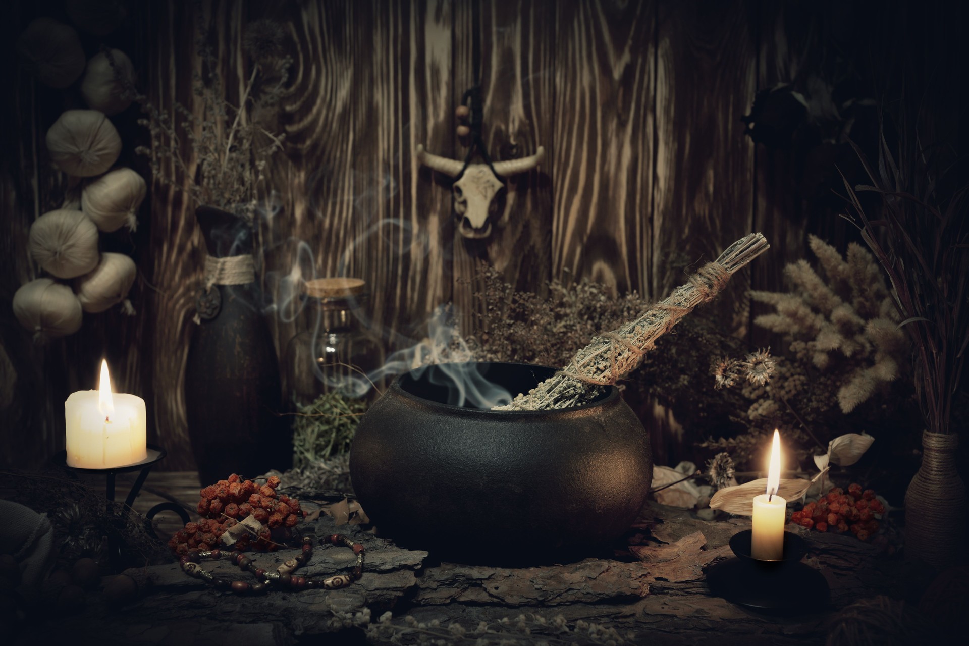 Authentic forest witch altar. Burning candles, dry herbs, iron cauldron, smoking mugwort, bulls skull mojo, bunch of garlic in wooden background in the dark, low key, selective focus. Authentic forest witch altar. Burning candles, dry herbs, iron cauldron, smoking mugwort, bulls skull mojo, bunch of garlic in wooden background in the dark, low key, selective focus.